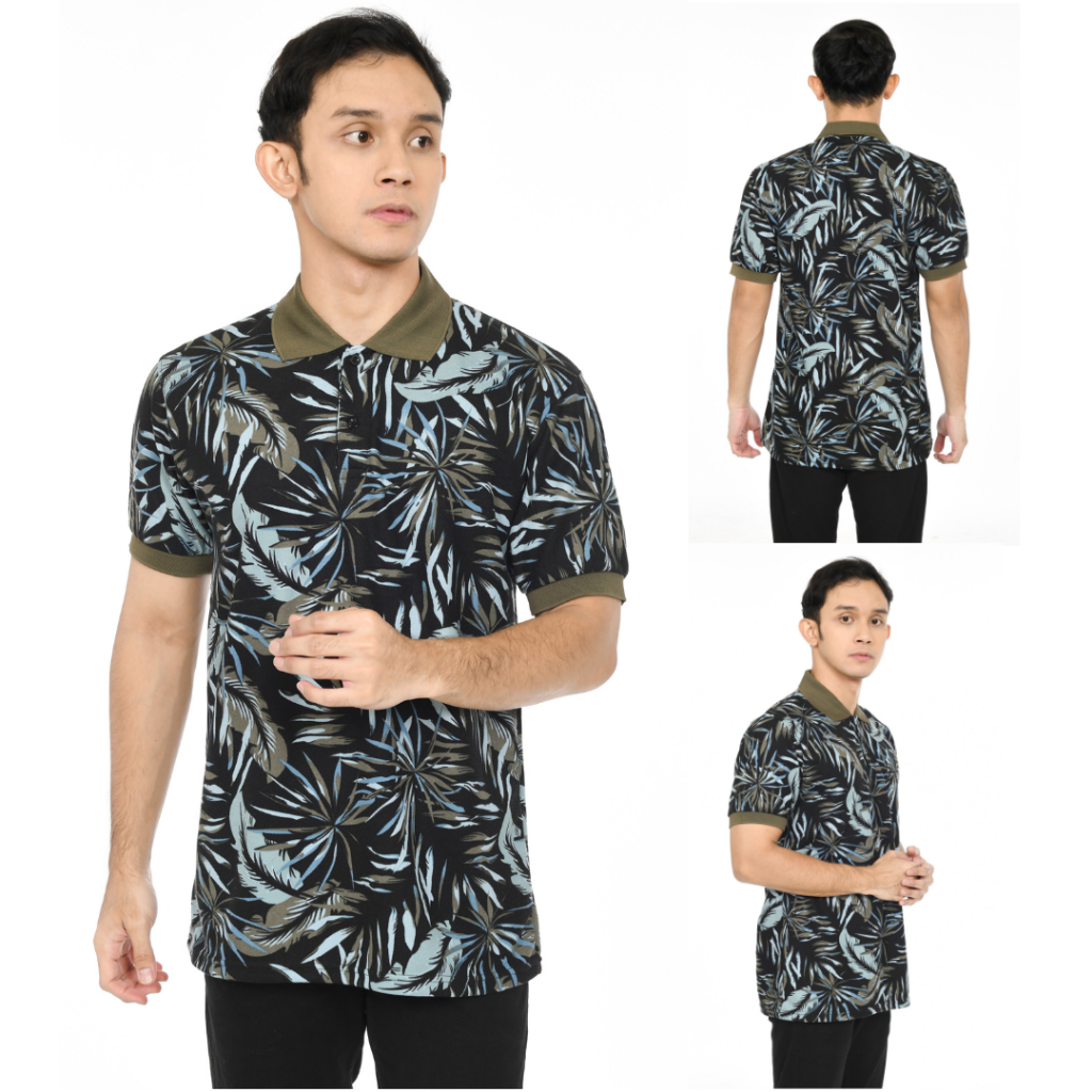 Kaos Polo Pria Bermotif Tropis Lengan Pendek / Polo Shirt Printing Daun