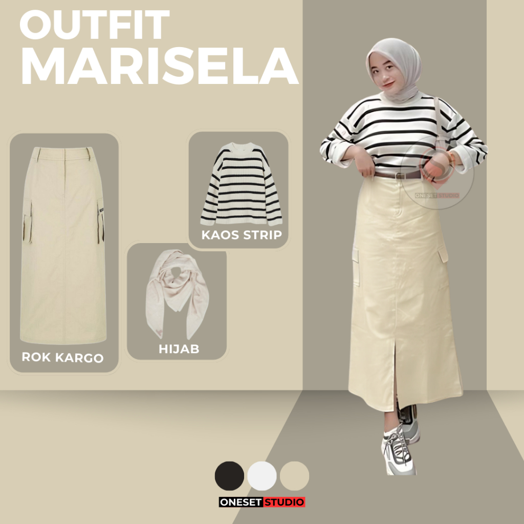 One Set Wanita Setelan Kampus (Kaos Stripe + Rok Cargo + Hijab) OOTD Korean Style Terbaru MARISELA
