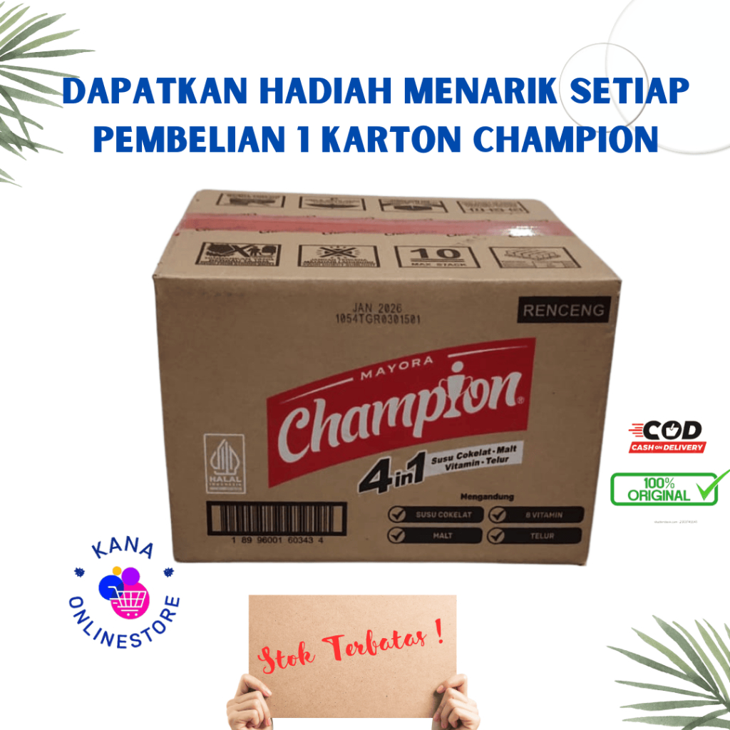 

MAYORA CHAMPION PER DUS (ISI 12 RENCENG, EXP 2026, gratis TAS SERUT/GOODIE BAG )