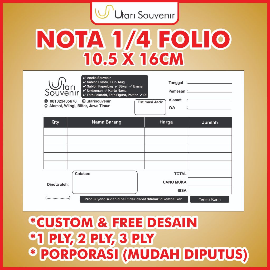 

Nota Ukuran 1/4 Folio Custom Free Desain per Buku Isi 100 Termurah