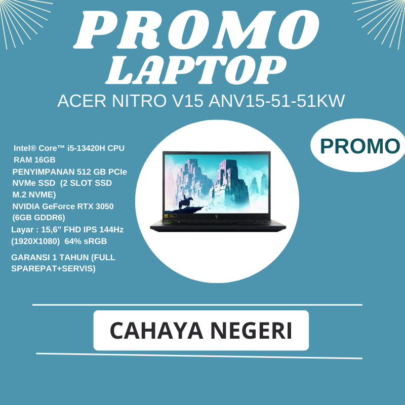 PROMO LAPTOP GAMMING Acer Nitro V15 ANV15-51-51KW Intel i5-13420H RAM 16GB NVIDIA RTX 3050 THUNDERBO