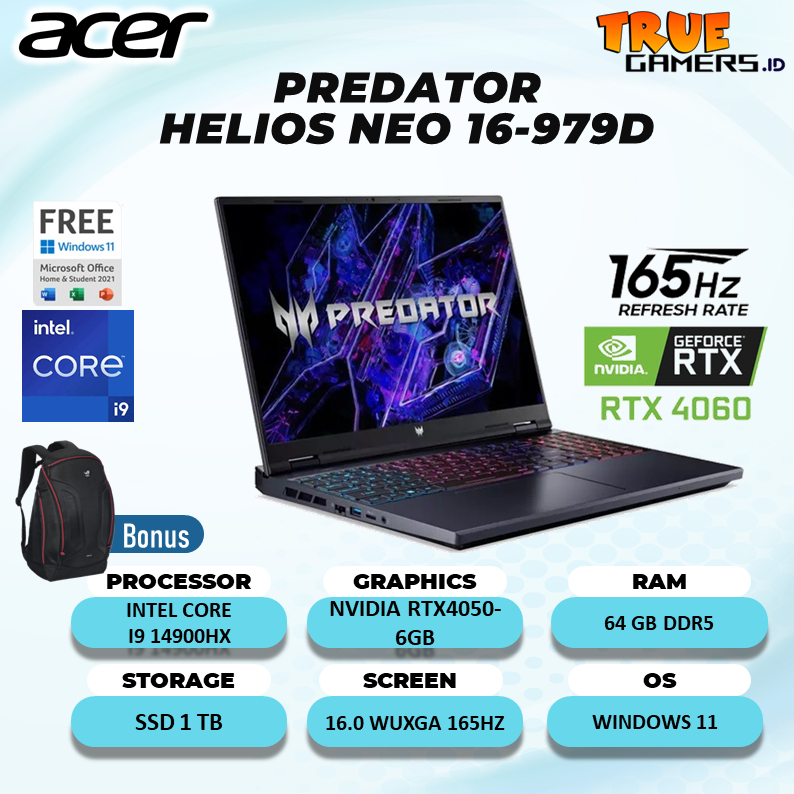 Laptop Gaming Acer Predator Helios Neo 16 i9-14900HX RTX4060 64GB 1TB 165Hz W11
