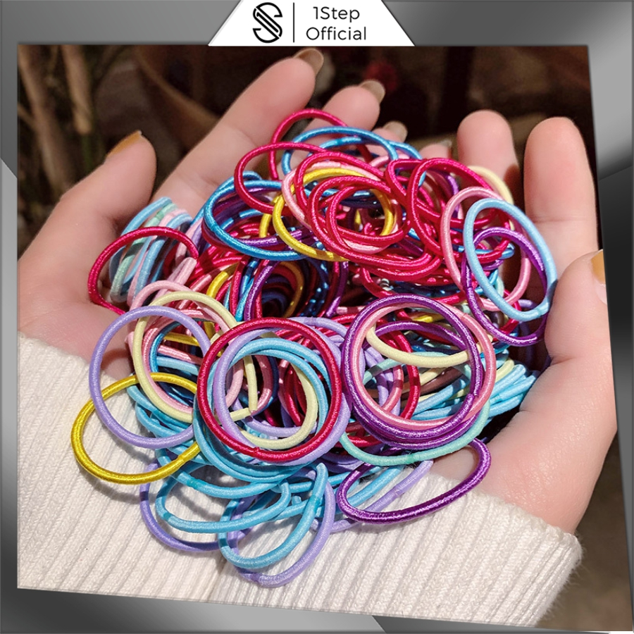 1STEP [100 PCS] Ikat Rambut Wanita Elastis Polos Warna-Warni Untuk Dewasa Anak-anak Kunciran Gelang 