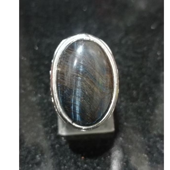 Cincin batu natural bulu macan loreng biru blue Tiger eye hawk eye goyang 3D Jumbo