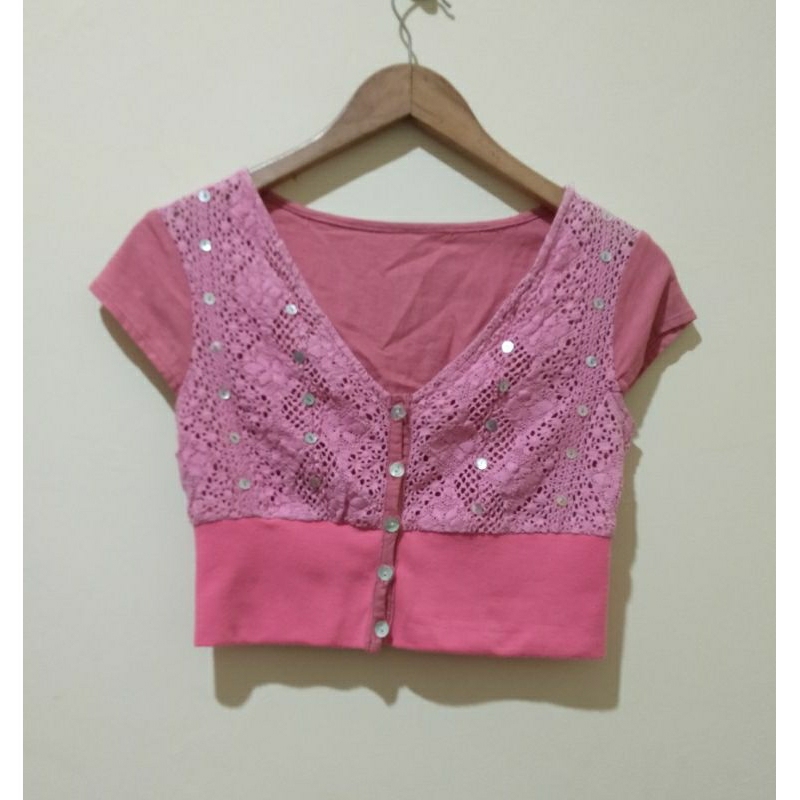 Preloved Rompi - Croptop Rajut Mix Kanvas//Vest Pink//LD 90 P37