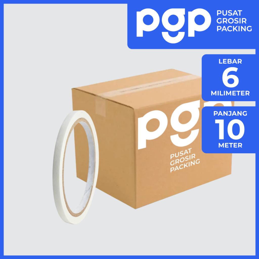 

Double Tape Kertas 6mm x 10 Meter | 1 Dus Isi 576 Pcs/Roll | Lakban Murah Berkualitas