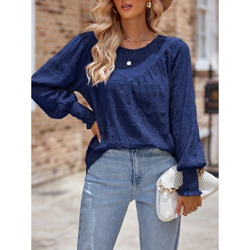 Top Blouse Long Sleeve Atasan Kantor Wanita Korea Navy Modis Elegan Linen