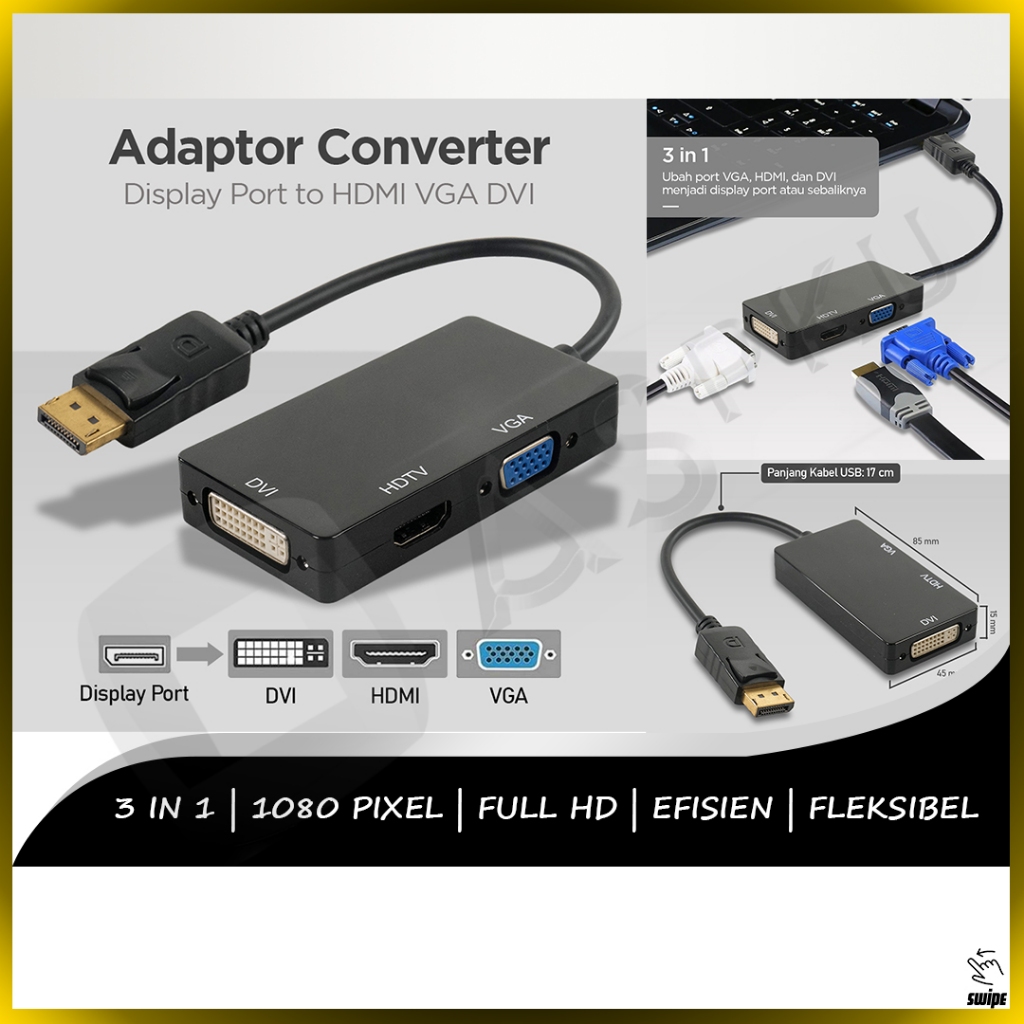 Adaptor Converter Display Port DP to HDMI VGA DVI Monitor Jadul CPU 3in1 1080p Full HD Pengubah