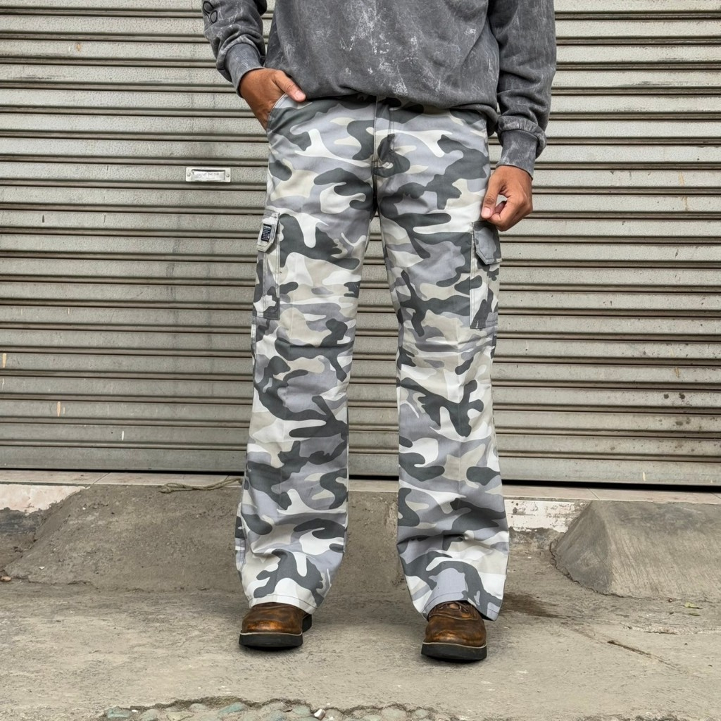 Celana Panjang Cargo Loreng Army Putih-Army Korea Longgar Baggy PDL Pria Wanita