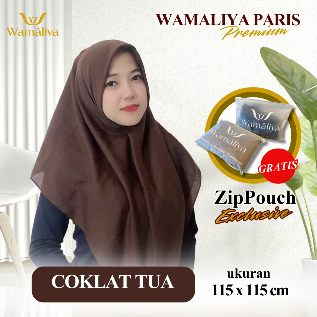 Wamaliya Paris Premium COKLAT TUA Hijab Jahit Tepi Lembut