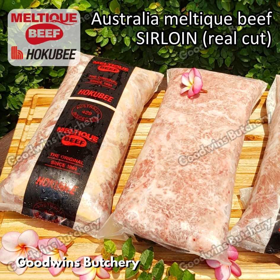 

Beef MELTIQUE SIRLOIN (real cut) Australia Hokubee frozen whole cuts 4.5 kg/pc daging sapi meltik has luar Striploin New York strip for Teriyaki Shabu2 Saikoro Roast