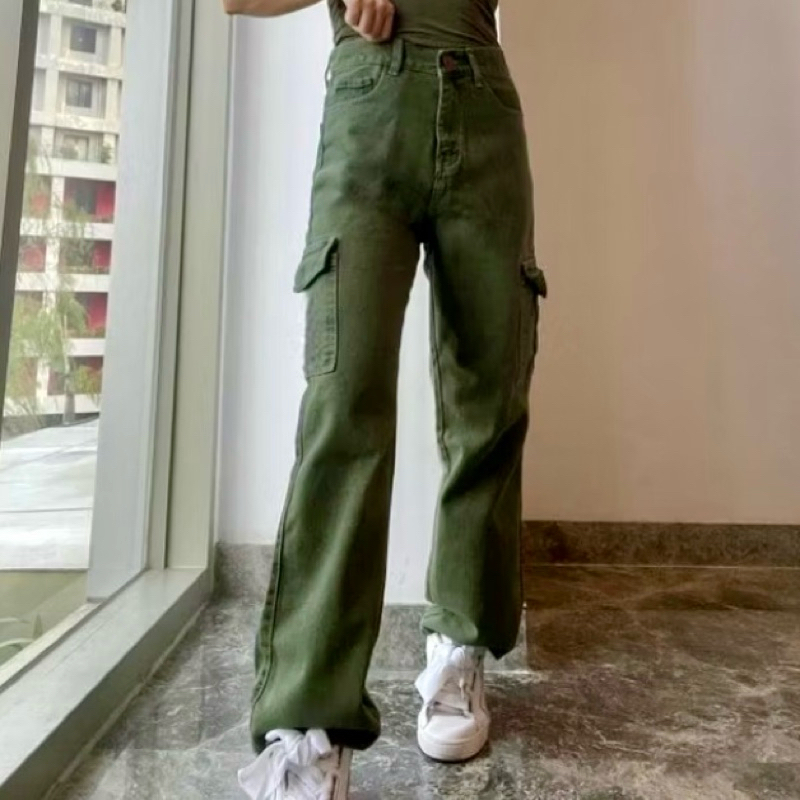 TheGirlHouse - CELANA CARGO HIGHWAIST LOOSE JEANS WANITA WARNA HIJAU / KULOT CARGO HIGWAIST HELENA