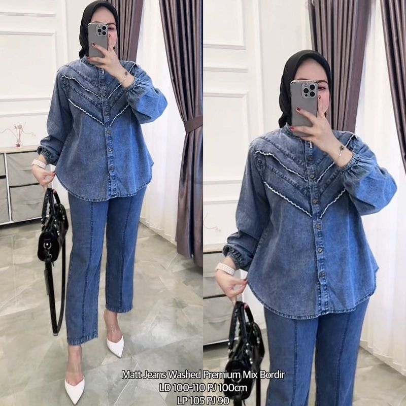 Setelan Zika bahan jeans wash mix bordir