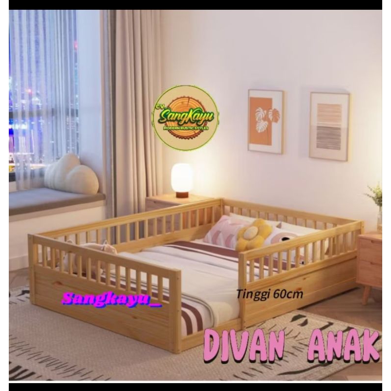 Custom divan anak 160x200cm & divan PL 02 160x200cm bahan kayu mahoni