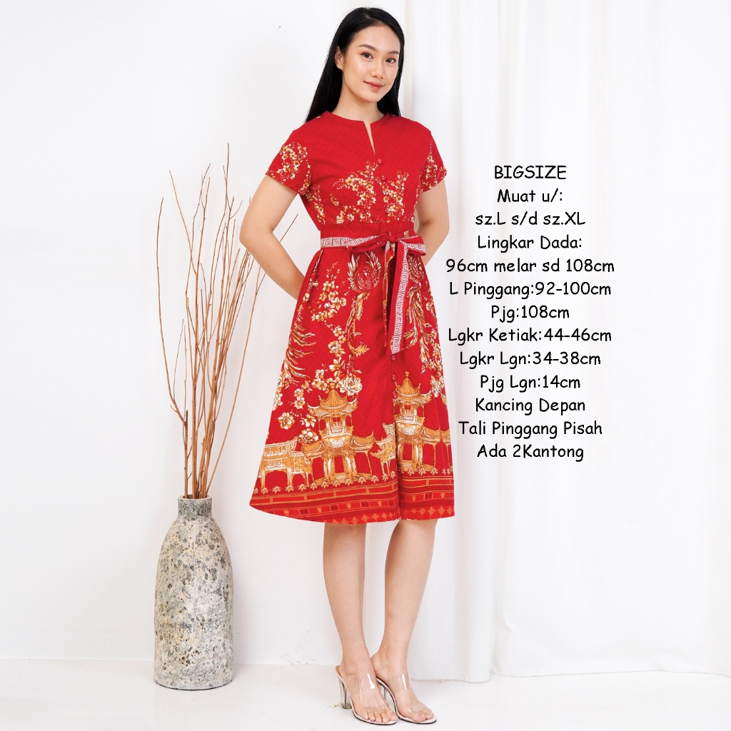 Dress Batik Wanita Baju Remaja Ikat Tali Lepas V neck Gaun Kekinian Katun Adem Size M L to XL