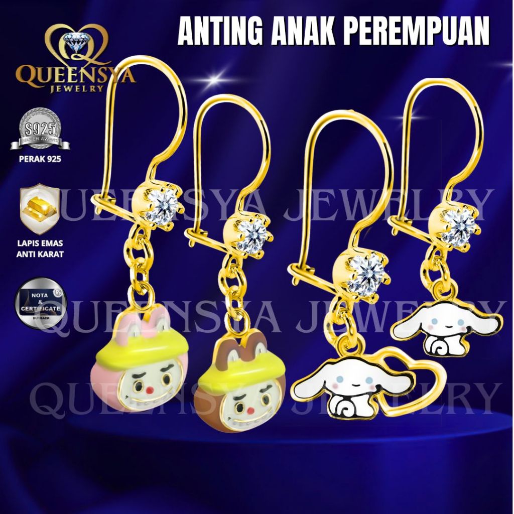 Anting Anak Perempuan / Anting Perak Anak / Labubu / Cinnamoroll / Kuromi Asli Perak 925 Lapis Emas 