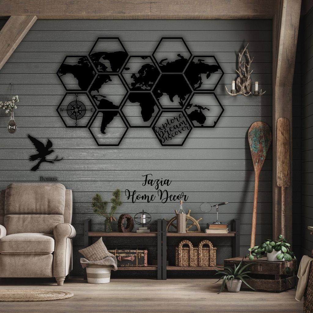 Kreasi Kayu 3D Hexagonal MAPS Dekorasi dinding /Peta dunia /World maps