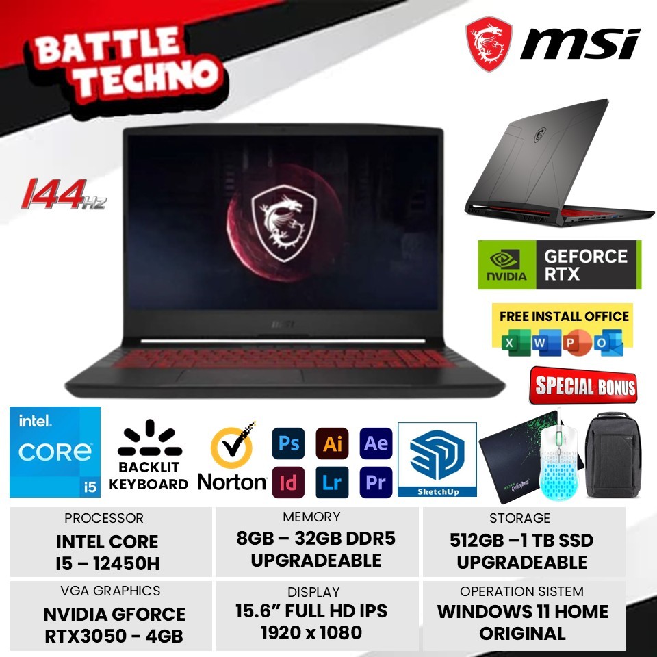 Laptop Gaming Msi Pulse 15 GL66 Intel i5 12450H RTX3050-4GB RAM 64GB 1TB SSD 144Hz Windows 11 Ori