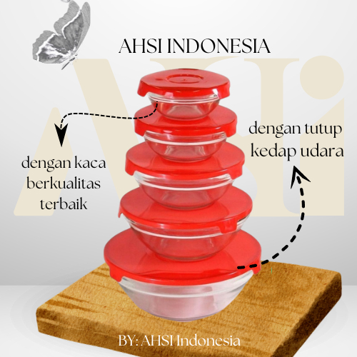 Mangkok kaca 5 SET dengan tutup dengan tahan panas