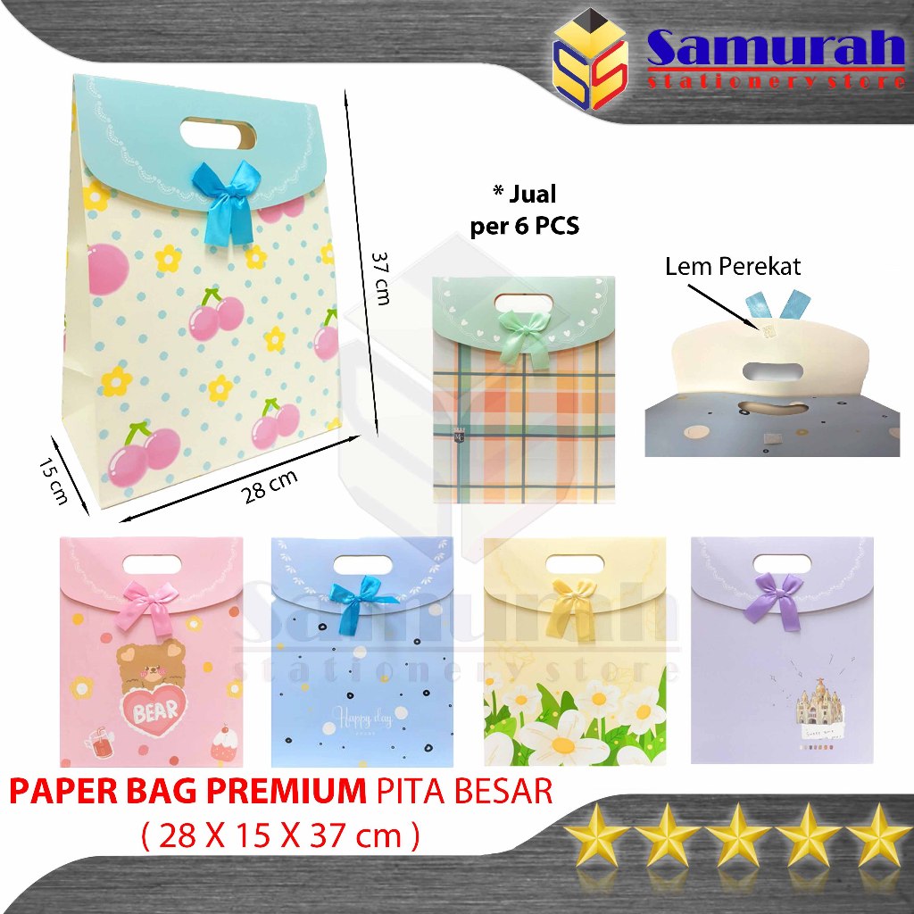 

Paper Bag Premium Besar Pita 1 pak isi 6 pcs / Goodie Bag Karton Tebal Fancy Potrait / Tas Belanja Tenteng Gift BIG Kado Lucu