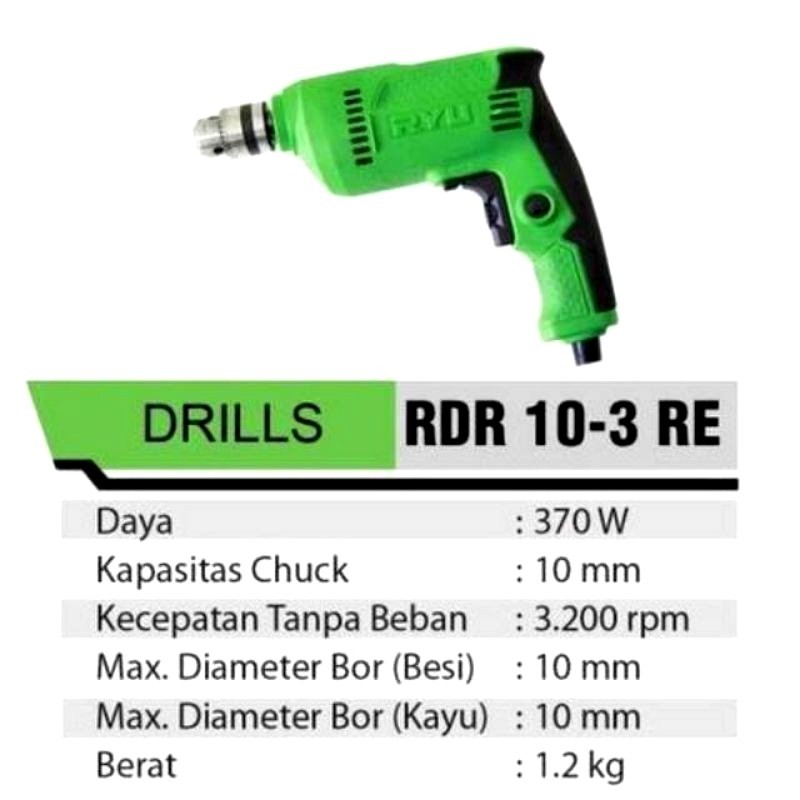 RYU MESIN BOR TANGAN RDR 10-3 RE BOLAK BALIK/ BOR LISTRIK 13MM BESI/BETON RID 13-1RE