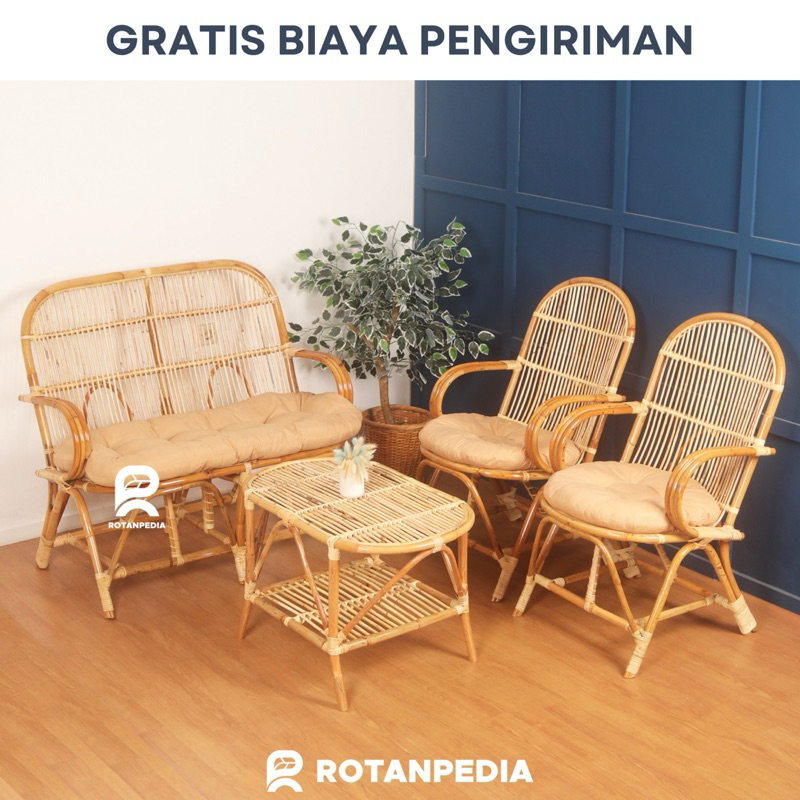 Kursi Tamu Pengki Rotan Minimalis 1 Set | Kursi Sofa Tamu Rotan | Kursi Pengki Rotan Minimalis - Rot