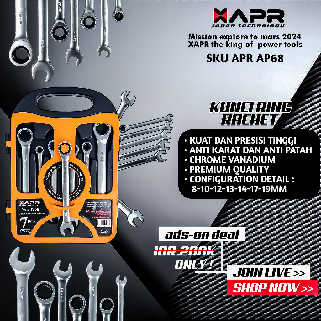 APR JAPAN KUNCI RING PAS RACHET RINGPAS APR JAPAN AP68 KUNCI SET RINGPAS 7PC KOPER 8MM-19MM KUAT 6.6