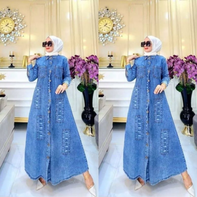 JESICA MAXI JEANS Gamis Jeans Jumbo Ld 120 Ld 140