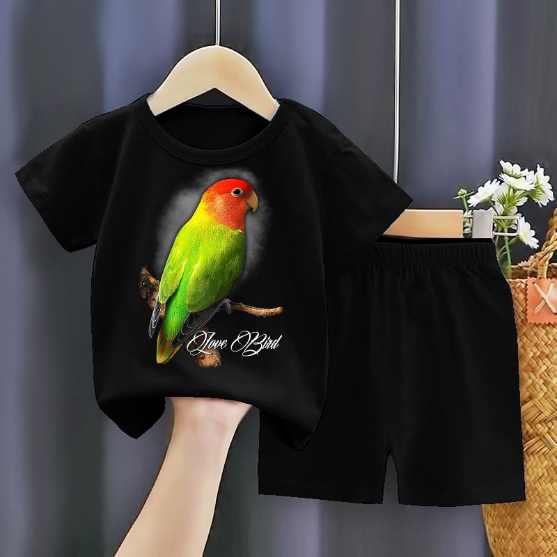 SETELAN HITAM ANAK MOTIF BURUNG LB LOV BIRD KEPALA OREN BULU HIJAU SABLON DTF DIGITAL ONE SET MURAH 