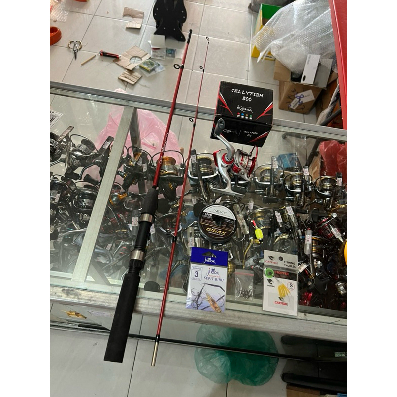 JORAN SET UDANG FIBER SOLID LENTUR + REEL MINI 500, 8 BALL BEARING