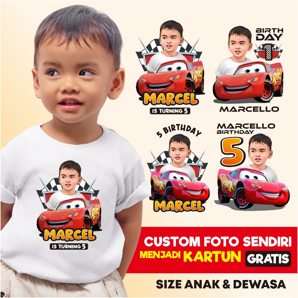 Kaos ulang tahun custom foto anak ultah couple keluarga tema cars mcqueen