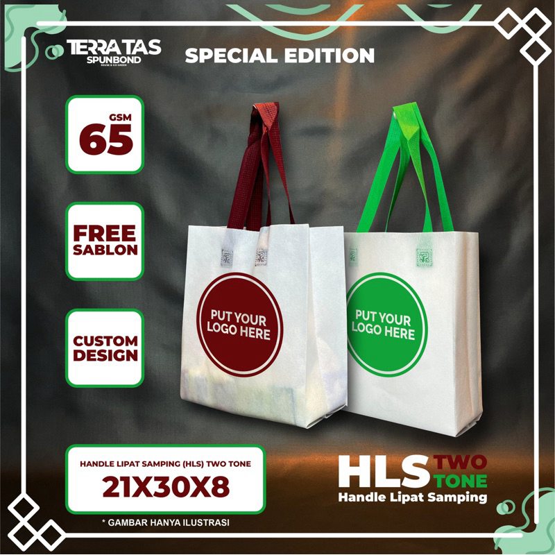 

Custom Sablon Two Tone 65 GSM 21x30x8 Kain Spunbond Goodie Bag Handle Lipat Samping