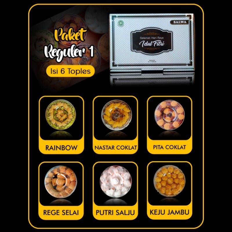 

Paket reguler 1 Isi 6 Toples, Kue Lebaran Nastar Salwa Rasa, 6 Varian Rasa (±350g per Toples)