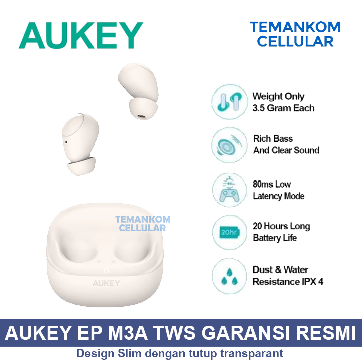 TWS Aukey Headset bluetooth white EP M3A HF bluetooth handsfree True wireless stereo Garansi RESMI