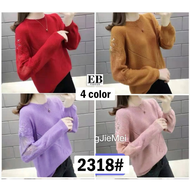 Frendi collection | Atasan rajut lengan panjang motif bunga hiasan mute, Baju rajut lengan brukat, b