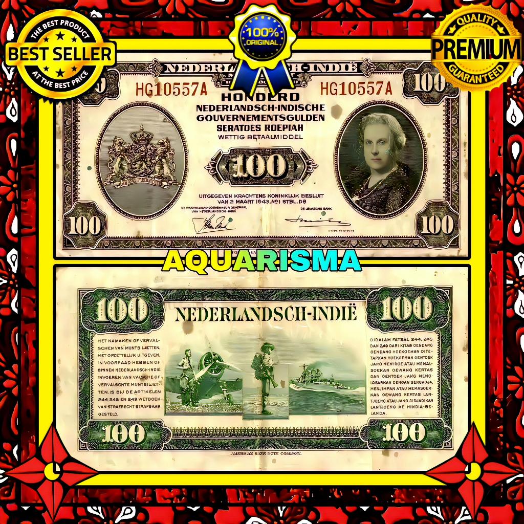 KOLEKSI NUMISMATIK - SOUVENIR UANG KUNO 100 GULDEN HINDIA BELANDA WILHELMINA 1943