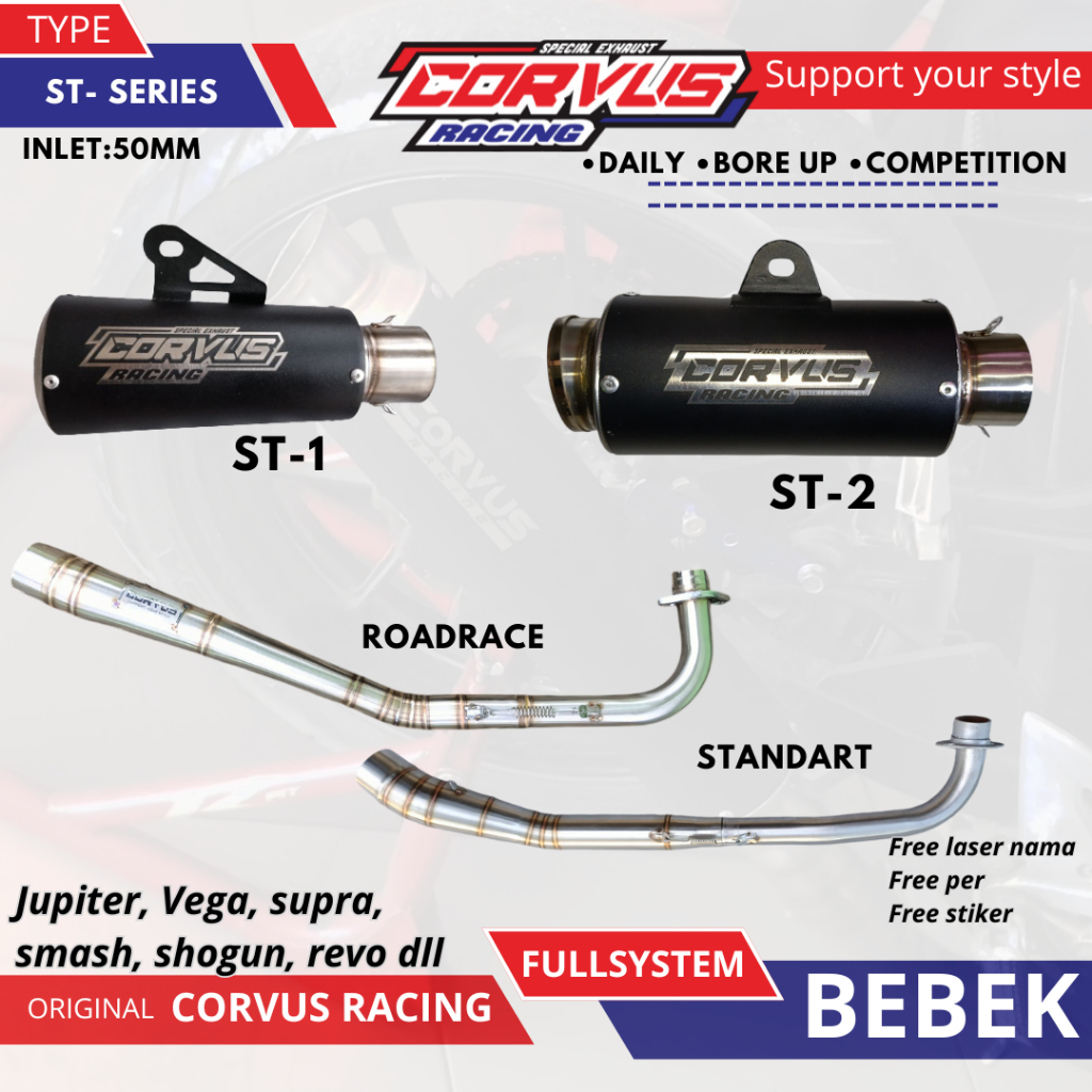 Knalpot Racing ( FULL SYSTEM BEBEK ) CORVUS RACING TYPE ST  SERIES – Suara BASS GAHAR 50mm | Harian 