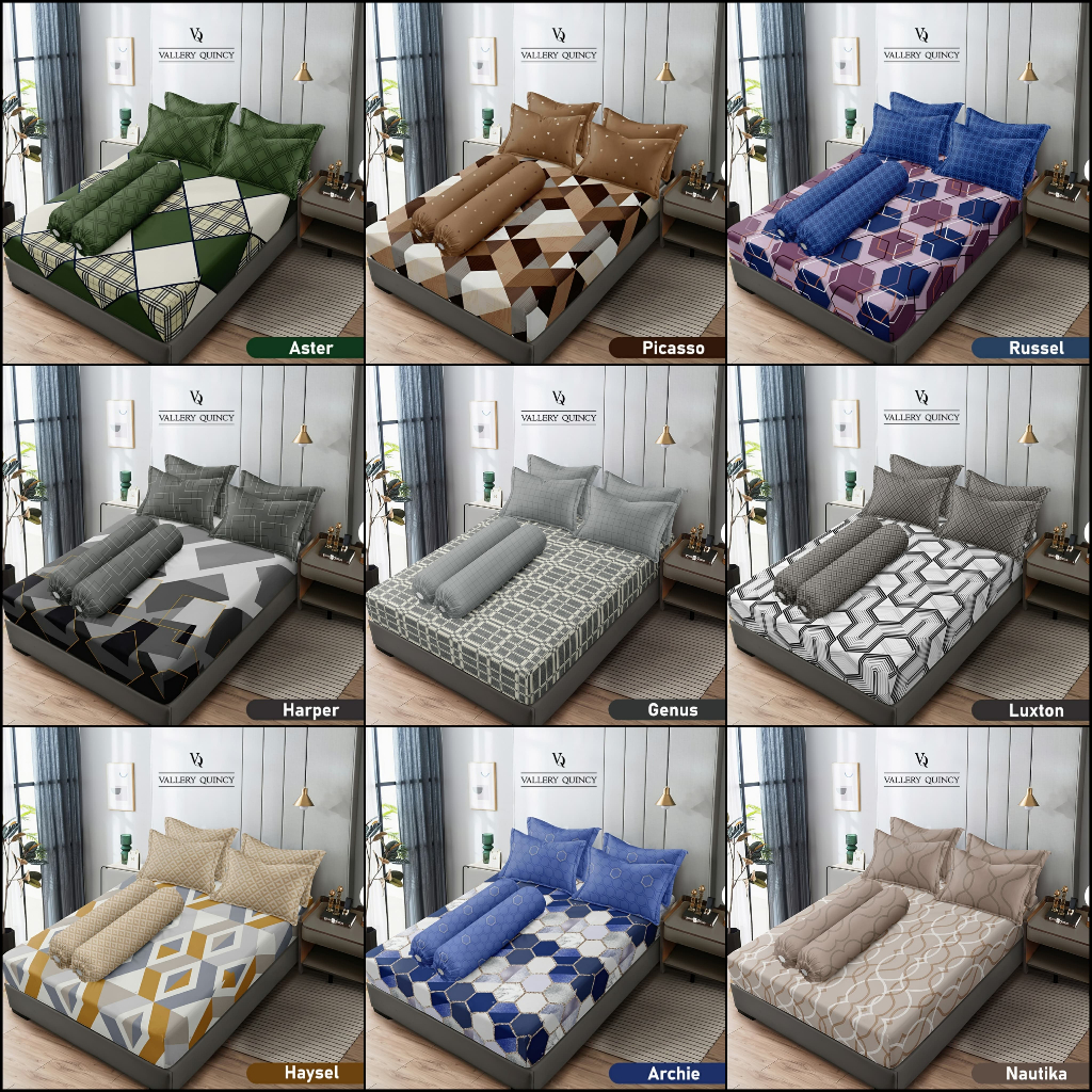 Sprei Vallery Quincy King B2 180x200x30 Bantal 2 Guling 2 - Motif Geometri / Kotak / Garis
