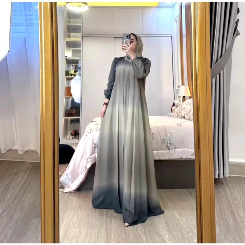 Gamis Set Hijab Ceruti Baby doll Printing Premium Mewah Set Hijab Segi Empat Ld 130 Jumbo