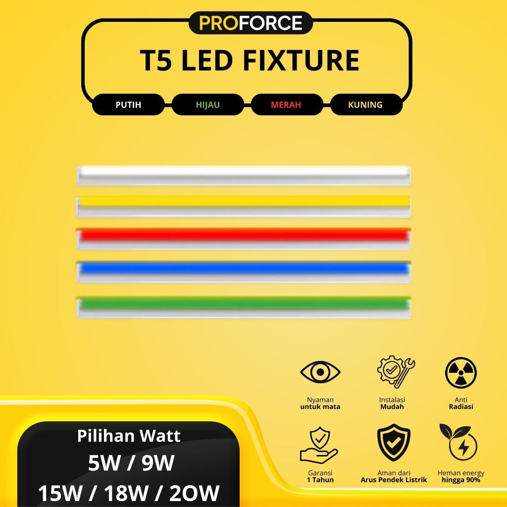 Proforce Lampu TL T5 Hias LED Warna Cahaya Putih Kuning Merah Biru Hijau Fluorescent Light Fixture G