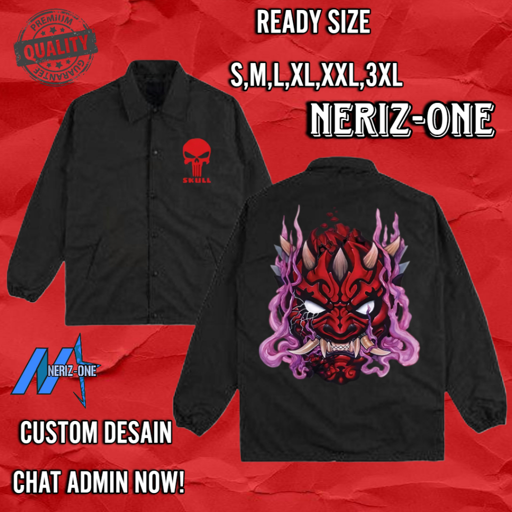 JAKET COACH PRIA DESAIN SABLON SKULL KEREN READY COACH JACKET KANCING DAN RESLETING READY SIZE S-3XL