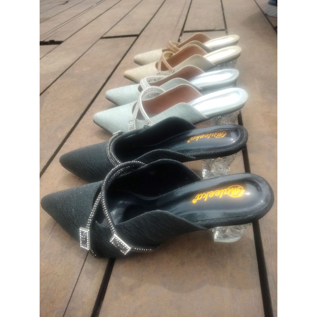 Sandal Hak Kaca Wanita 5cm Selop Glitter Premium