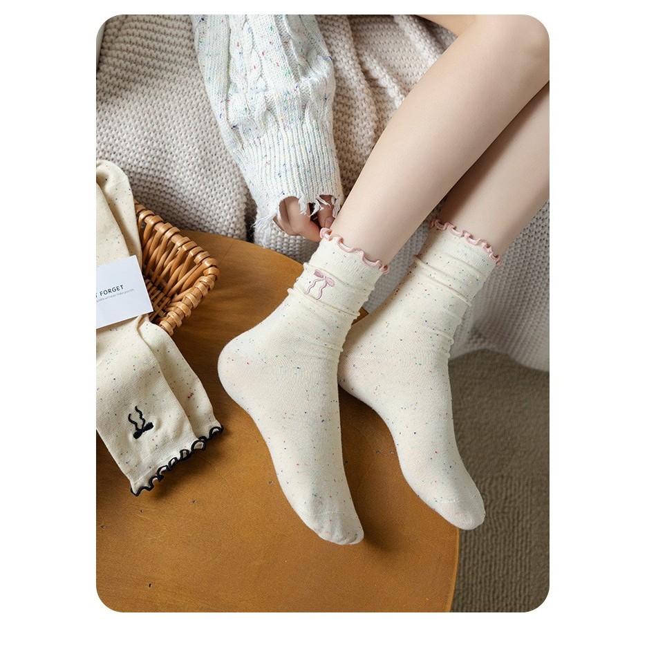 JH5203 Kaos kaki pita model ruffle cute panjang bawah betis wanita dewasa korean socks cotton