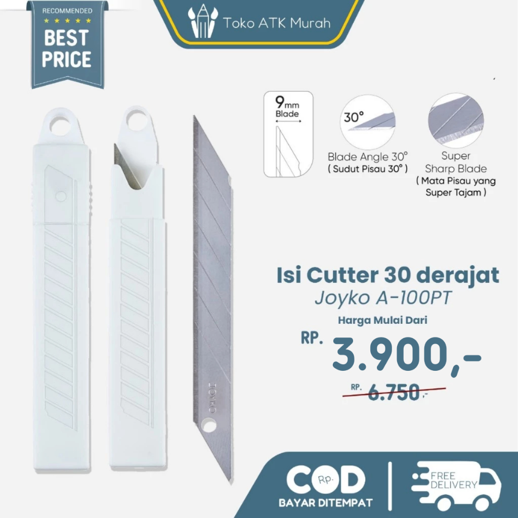 

Isi Cutter 30 derajat Blade Joyko A-100PT Refill Pisau Pemotong 1 Tube 5 Pcs