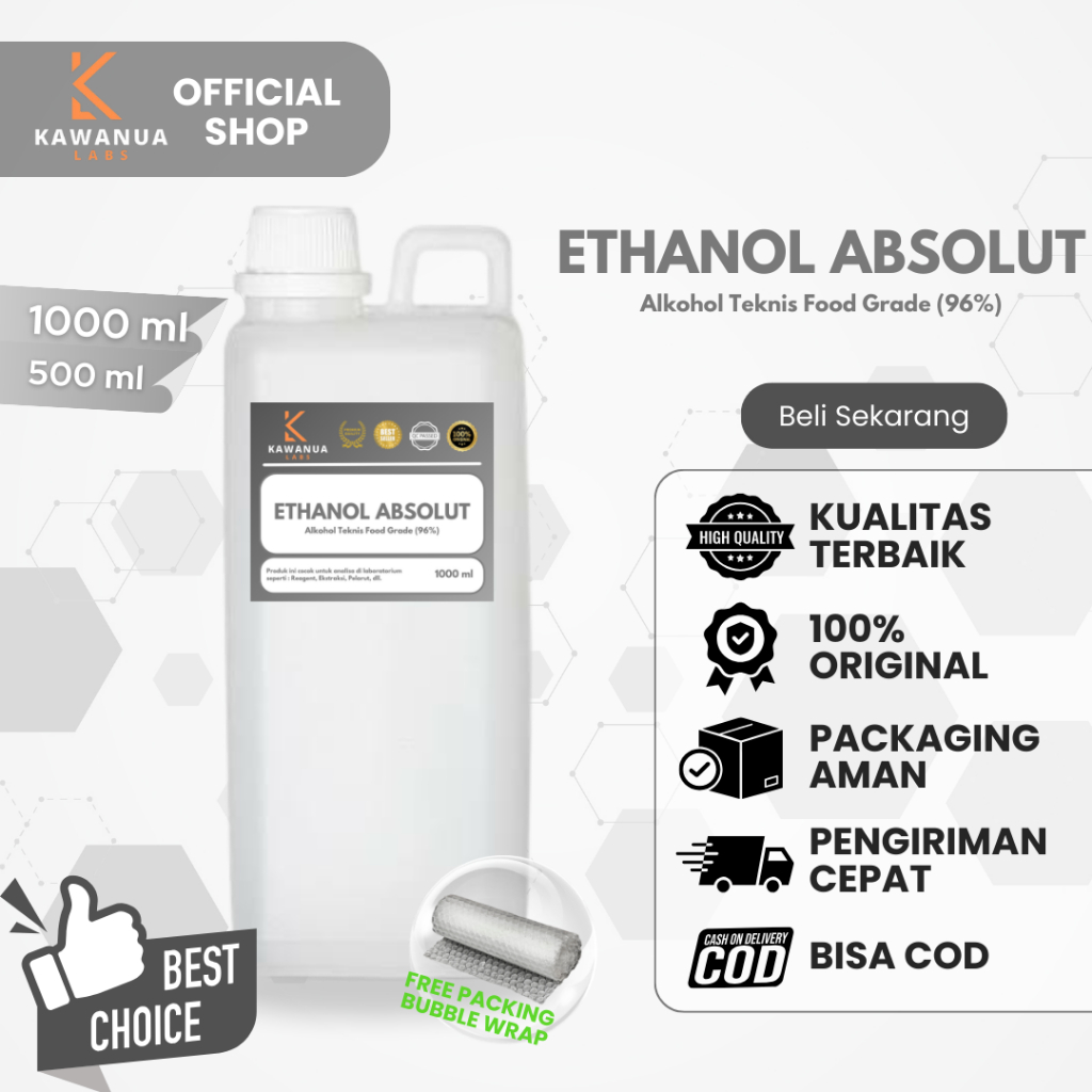 Ethanol Absolut 96% Alkohol PREMIUM / Alkohol Food Grade / Teknis Grade / Pelarut Parfum (1 Liter & 