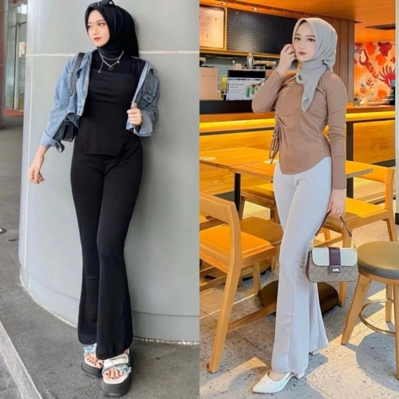 PROMO Celana Fit And Flare Pants Cutbray Scuba Pinggang Highwaist Bahan Stretch Melar Elastis Kulot 