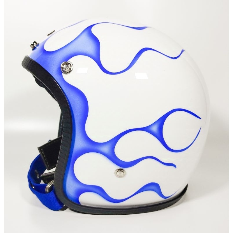 Slimhead Helmets 500Ttx White Custom Flame Blue. Helm Vespa, Helm Harley Davidson, Helm Choppers
