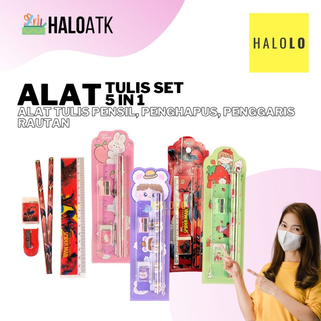 

Alat Tulis Anak 5 in 1 Pensil Set Alat Tulis Anak Anak Stationery Set Paket Alat Tulis Pensil Penghapus Penggaris Rautan