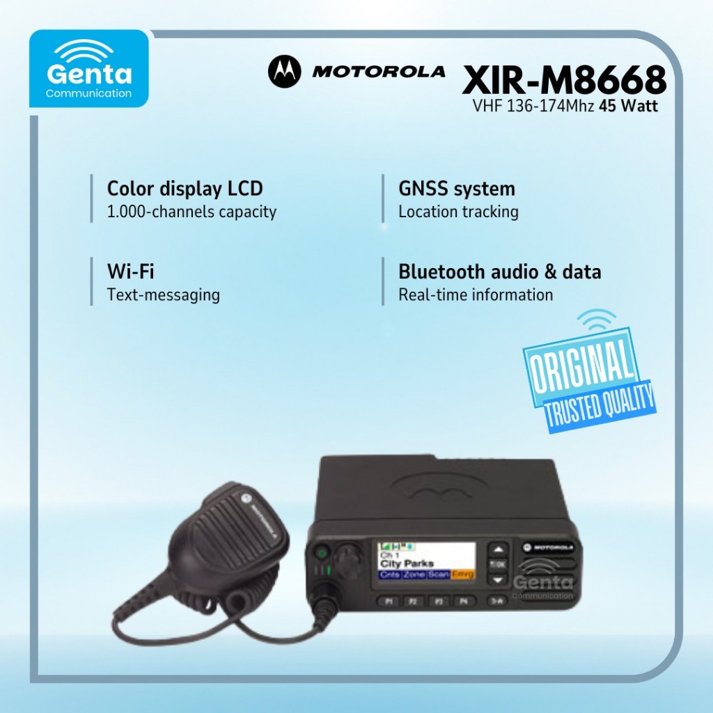 RADIO RIG MOTOROLA XIR-M8668i / MOTOROLA XIR M8668i XIRM8668i VHF 136-174Mhz 45Watt GARANSI BARU ORI
