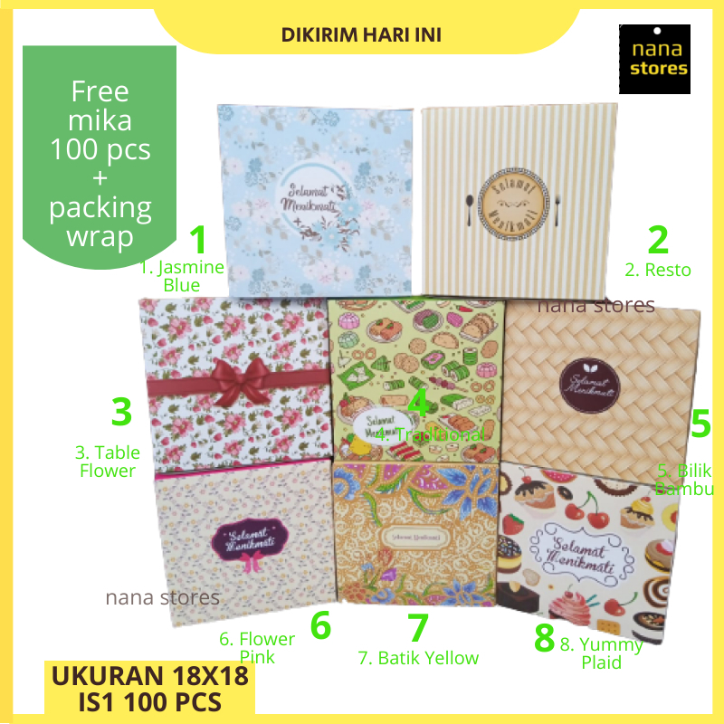 

100 Pcs Dus Nasi + Mika / Box Nasi Besek Model Tutup Alas Sambung Ukuran 18x18 Lengkap Dengan Mika